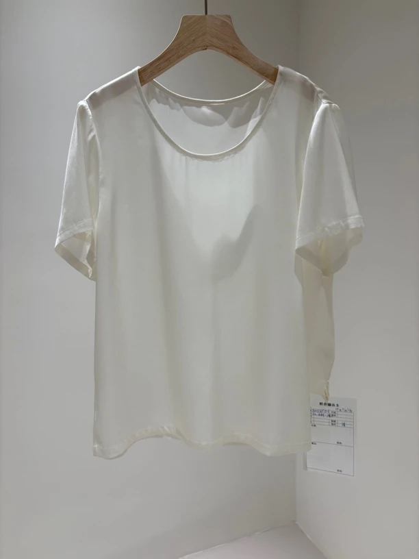 大满家白色弹力双乔桑蚕丝圆领装袖套头短袖上衣国风新中式