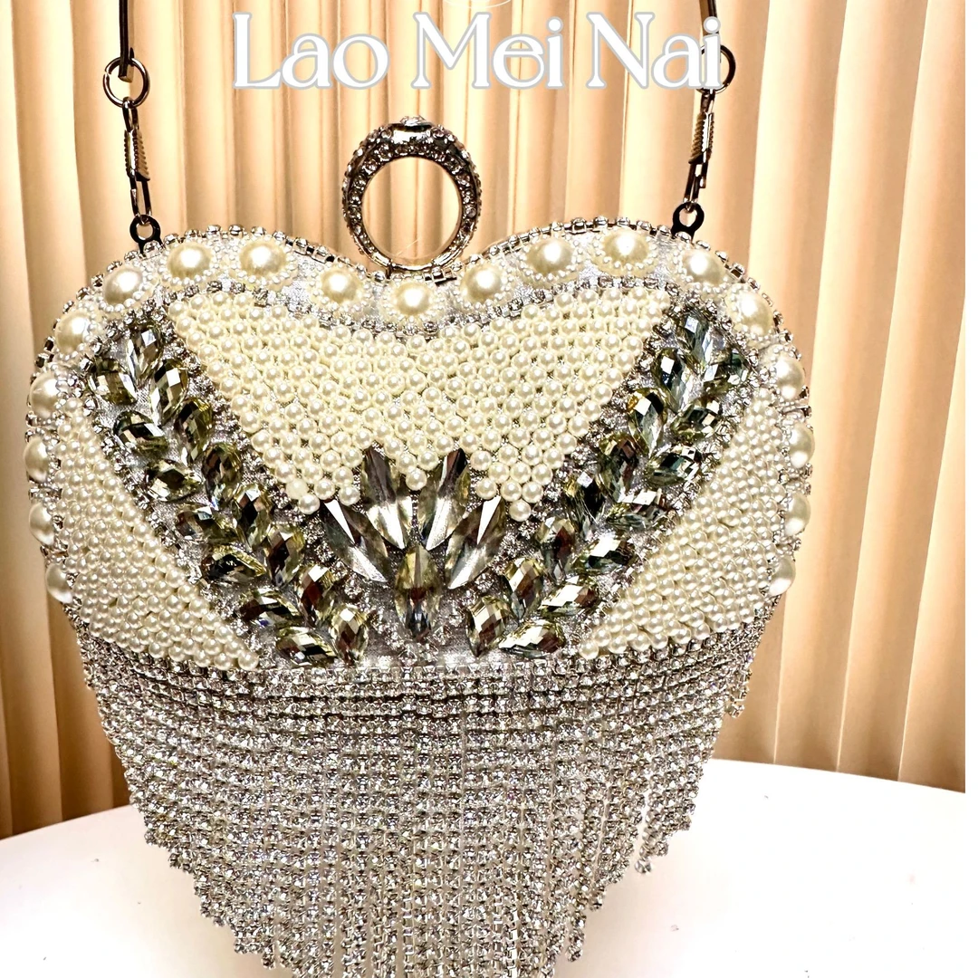 【SL】新款镶钻珠珠爱心包礼服小香风手提包复古欧式简约单肩钥匙包