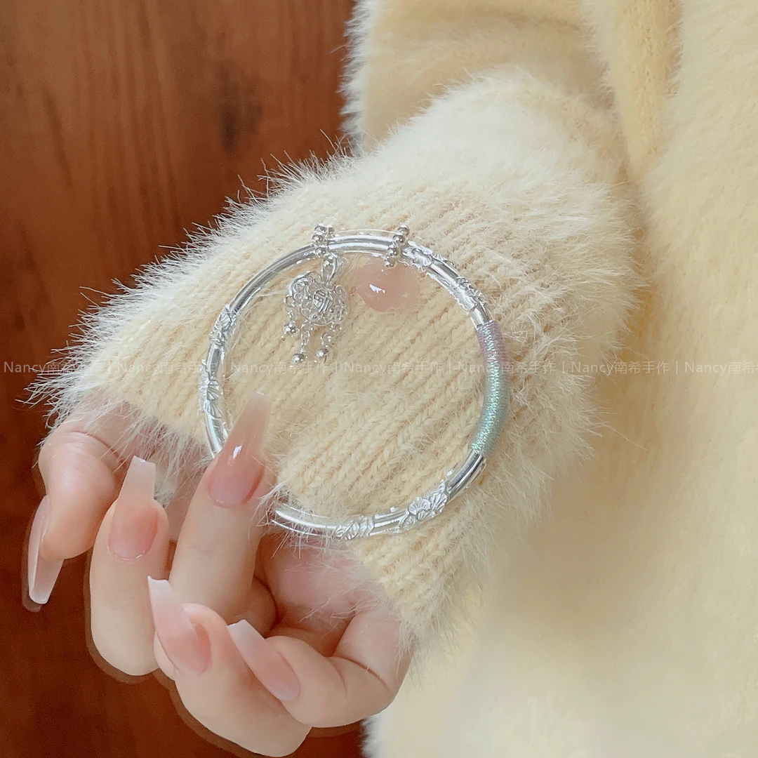 足银手镯 繁花银手镯女纯银999情人节礼物送女友老婆镯子高级感