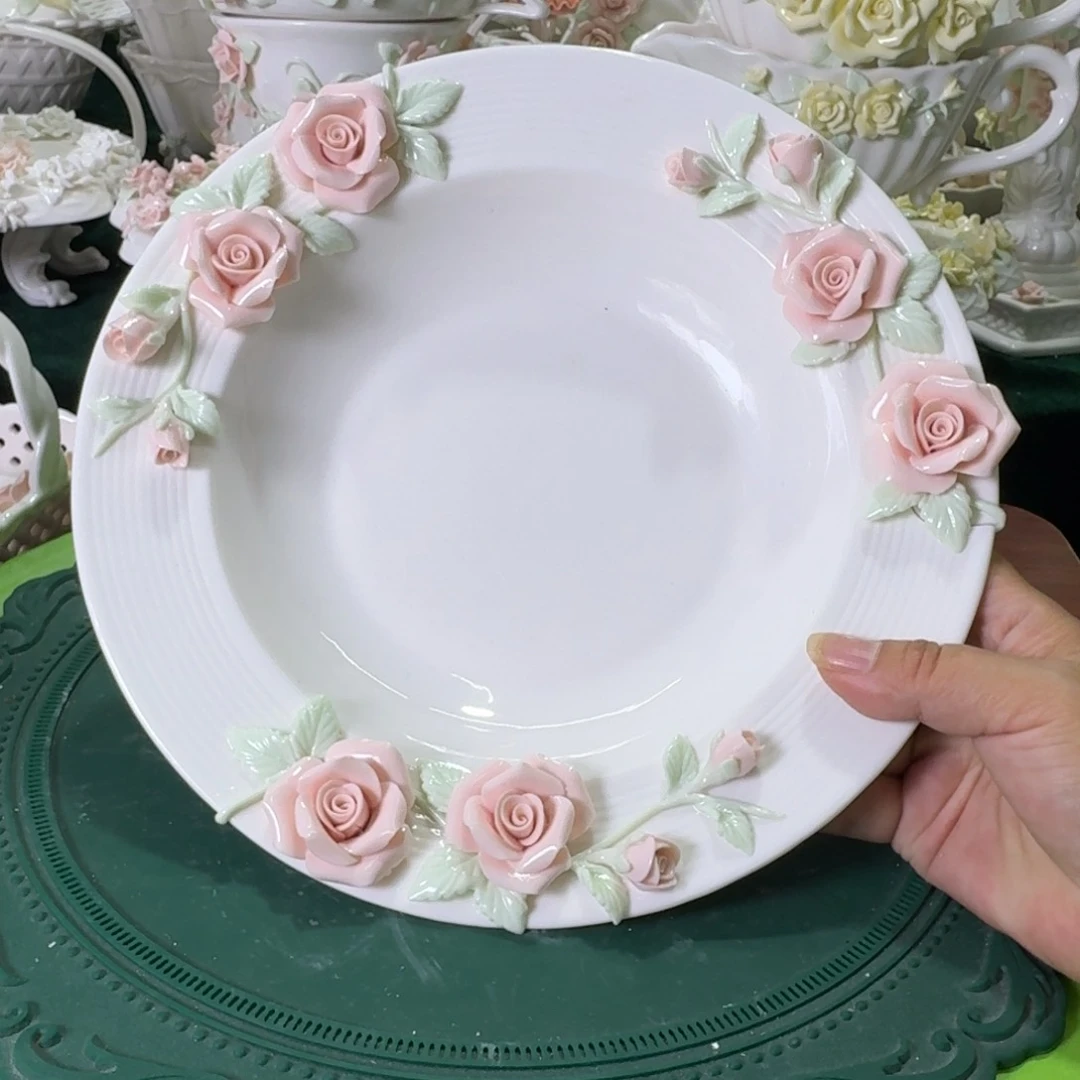 玫瑰花草帽深汤盘