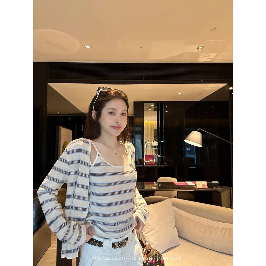 韩版条纹长袖针织开衫女春秋宽松休闲百搭显瘦气质吊带上衣套装