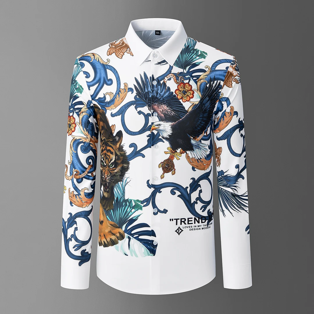 高端欧货印花烫钻男士衬衫鹰虎潮流轻奢时尚修身免烫抗皱长袖衬衣