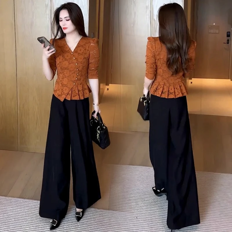 时尚洋气套装2025春季新款设计感V领蕾丝衫阔腿裤显瘦两件套百搭