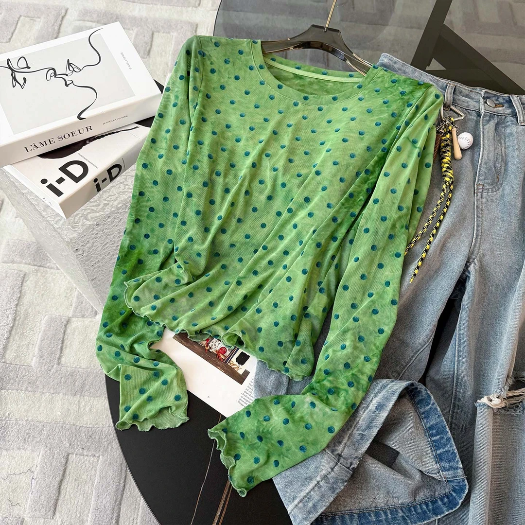 洋气店铺韩系减龄时尚套装女夏季新款绿色波点网纱打底衫破洞牛仔