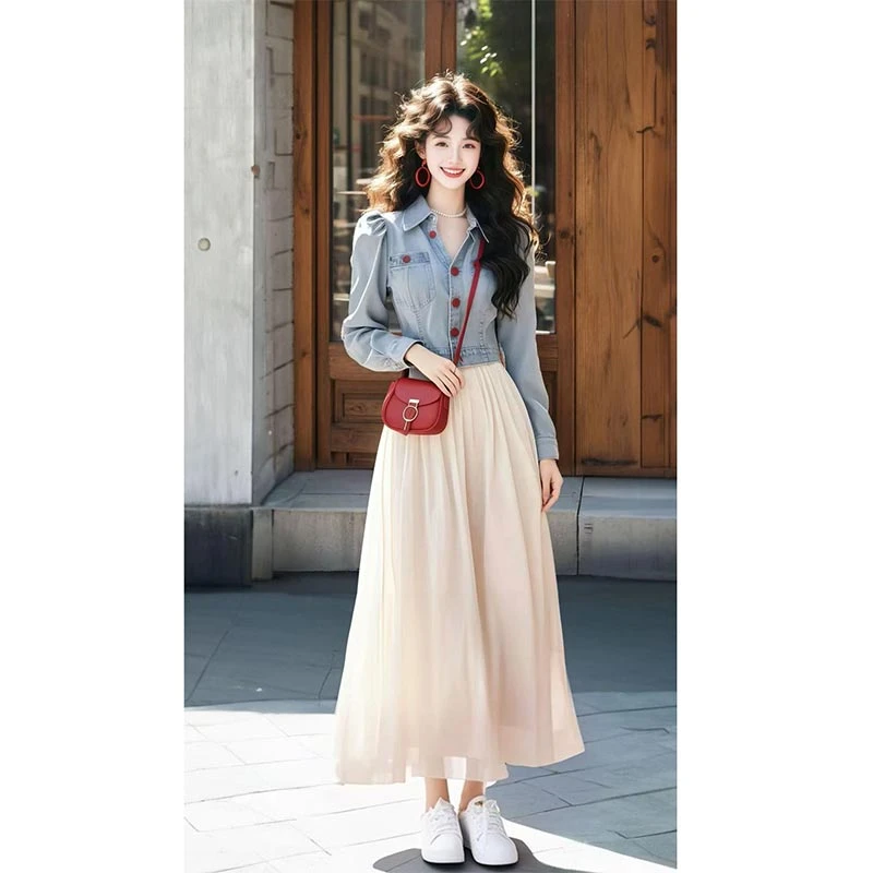 法式爆款气质高级感牛仔上衣奶油半身裙两件套女2025春秋时尚套装