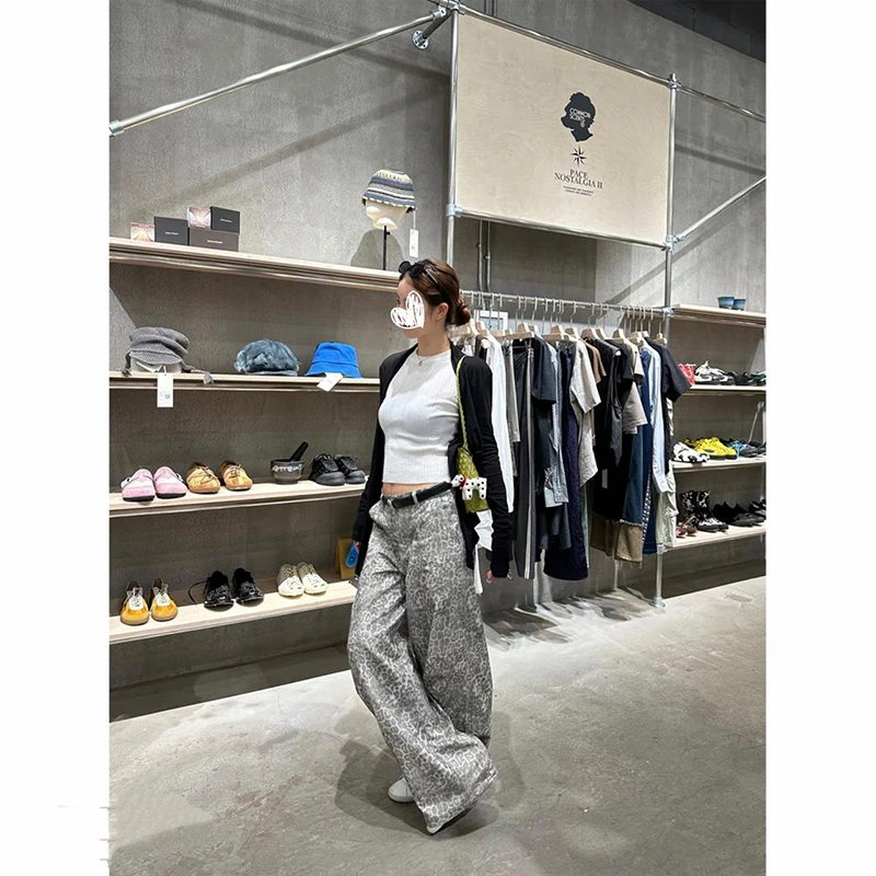 【清仓+运费险】美式做旧豹纹弯刀牛仔裤女秋季显瘦直筒梧桐阔腿裤