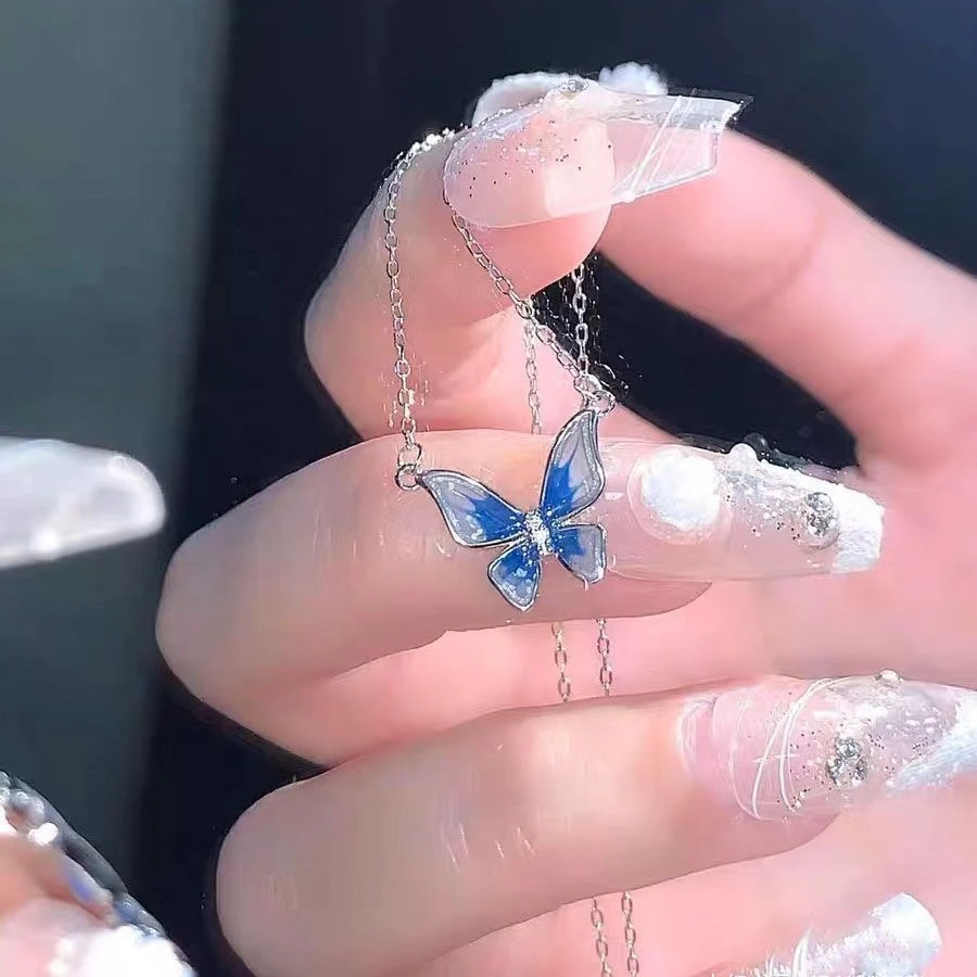 合金项链 蓝色蝴蝶项链简约百搭轻奢ins时尚秋冬毛衣链锁骨链女