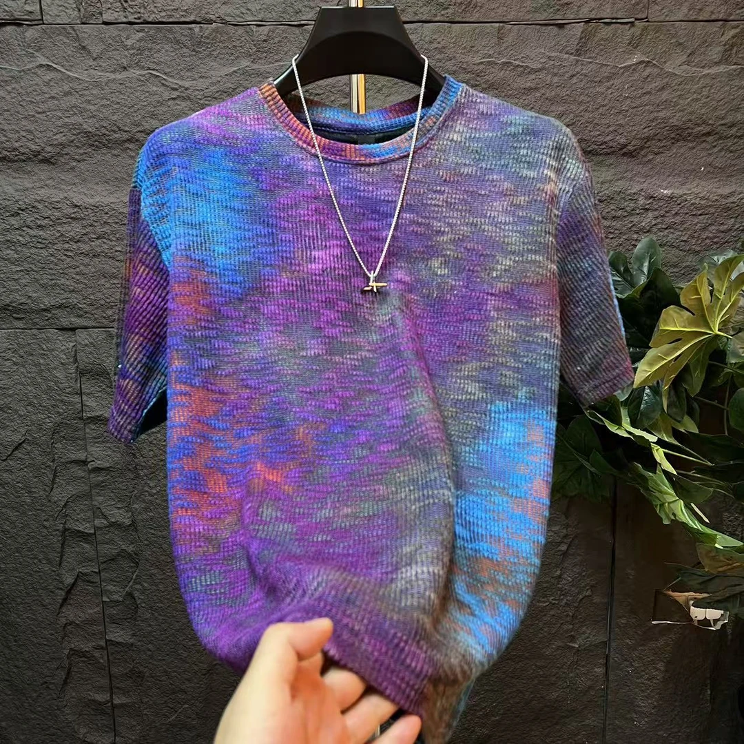 秋冬新款撞色扎染不规则涂鸦2025潮流设计T恤针织肌理感圆领短袖