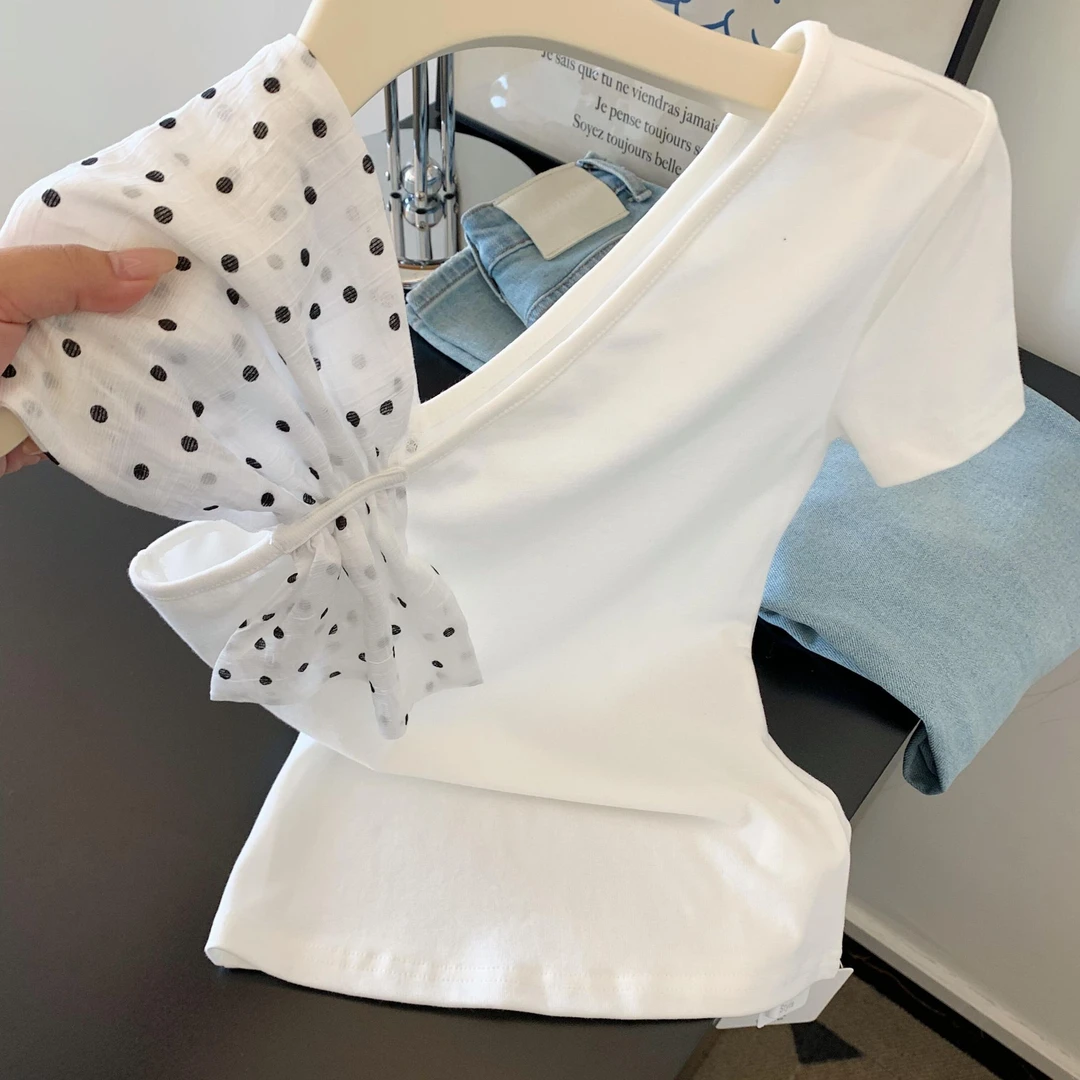 2025夏季新款韩系极简设计感纯欲斜肩拼接波点网纱修身显瘦T恤女