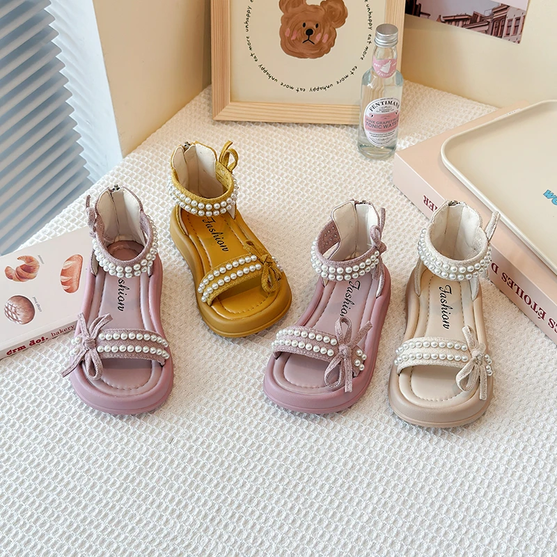 女童凉鞋2025夏季新款女孩珍珠百搭软底罗马鞋儿童软底舒适公主鞋
