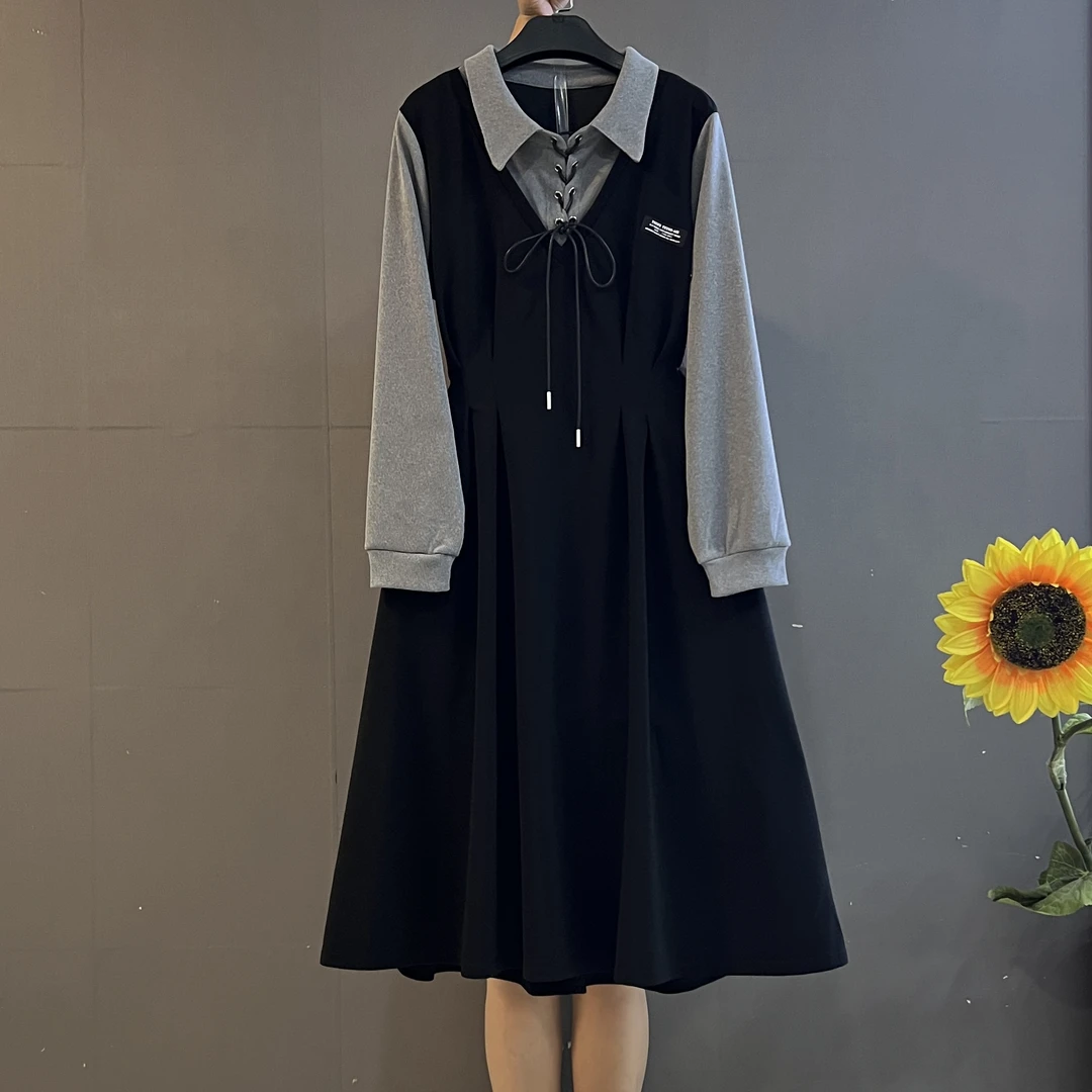 秋季新款时尚衬衫领系带设计拼接假两件气质收腰显瘦连衣裙