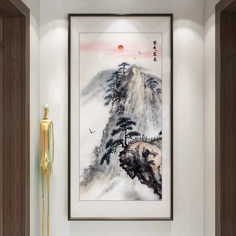 新中式玄关装饰画竖版走廊过道入户门正对墙挂画进门迎客松山水画