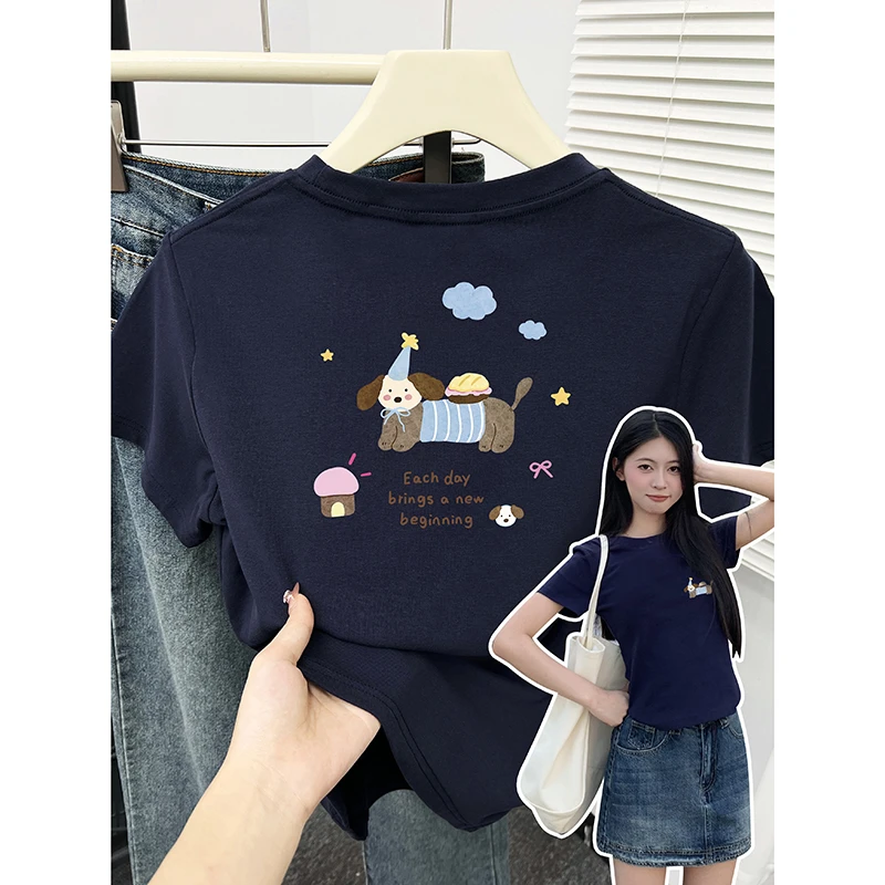 运补慵懒风小众简约印花正肩短袖t恤女休闲百搭修身高弹力棉上衣