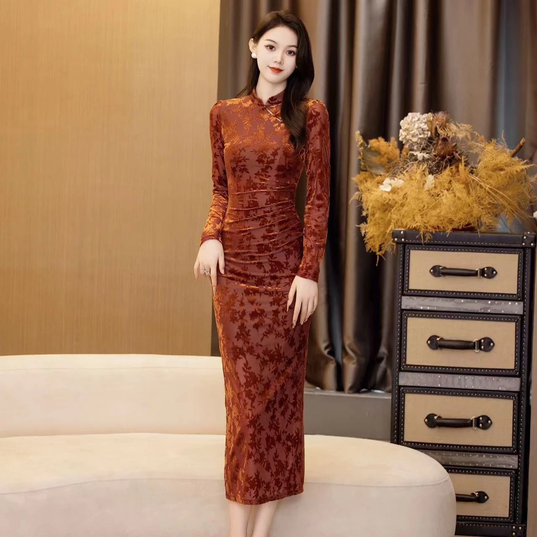 QIQI【碎红】秋冬新款中式气质收腰优雅显瘦时尚直筒连衣裙38056