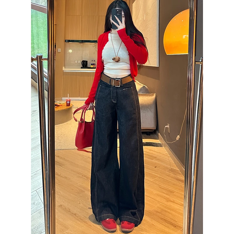 丹宁色宽腰带阔腿裤牛仔裤女2025秋季新款高腰显瘦百搭拖地长裤