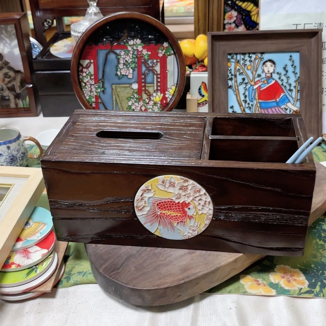 瓷片33.13.14老榆木多功能抽纸盒