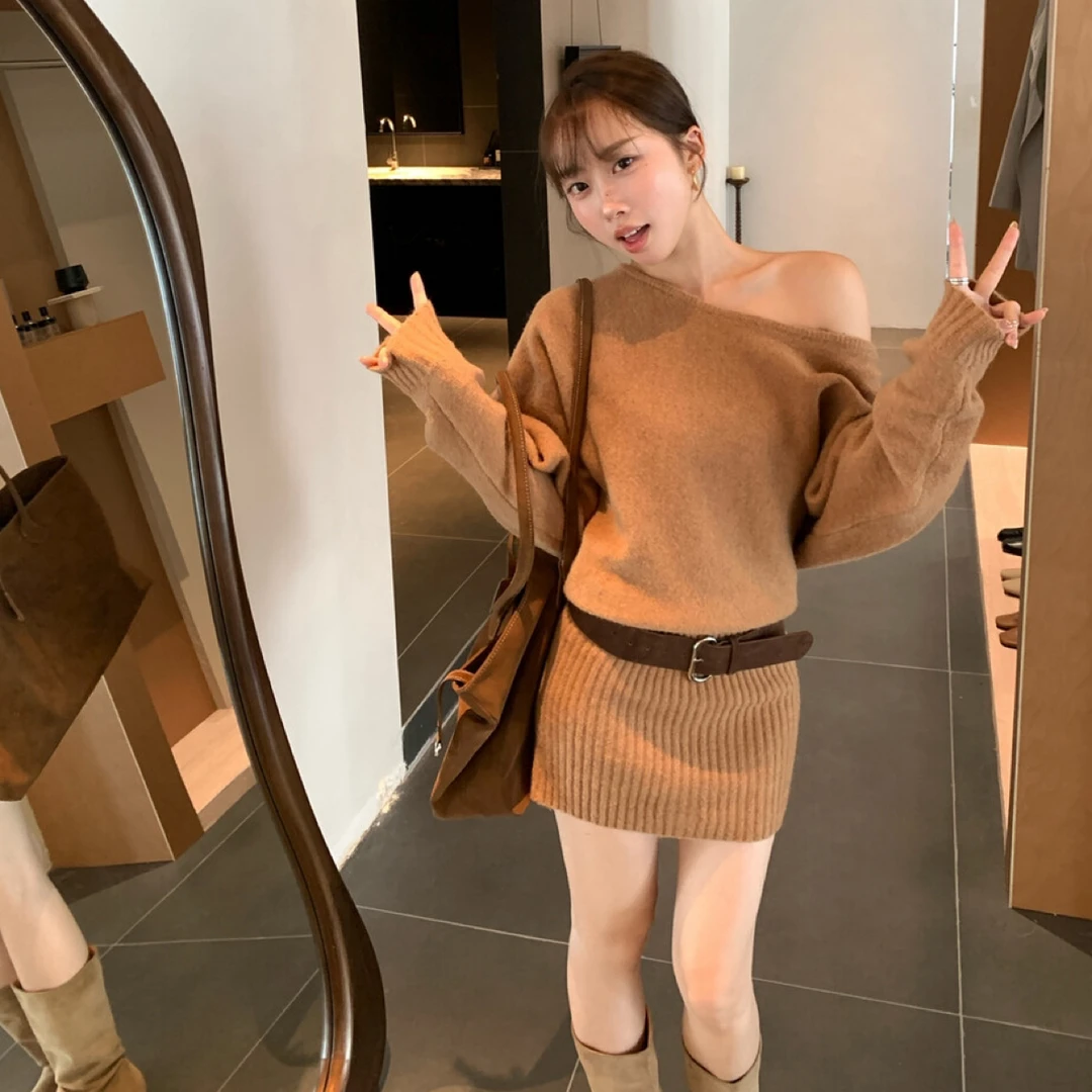 【YOOMINI】11038单肩领羊驼毛羊毛收腰包臀辣妹连衣裙(配腰带)