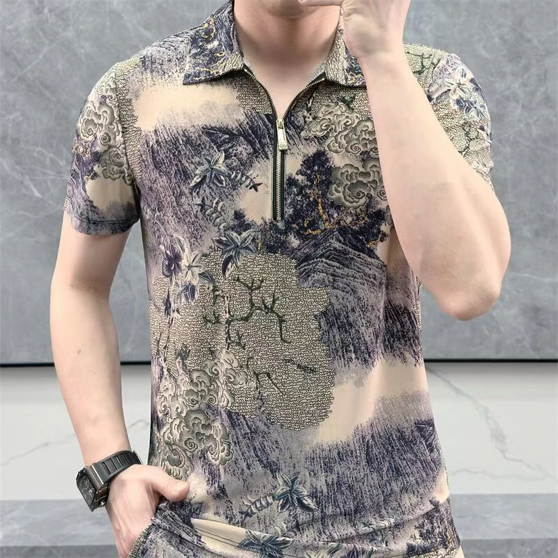 夏季男士几何通用短袖基础大众T恤修身半袖polo翻领百搭时尚印花