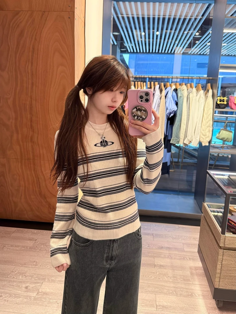 韩系慵懒风条纹长袖圆领T恤早秋2025新款宽松休闲百搭打底衫上衣