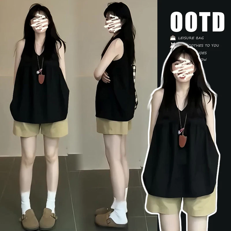 2025你孕妇装新款法式独特黑色吊带背心女外穿宽松无袖上衣配短裤