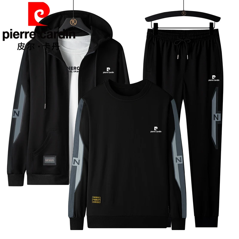 皮尔卡丹春秋休闲运动套装男装大码三件套时尚连帽宽松百搭一整套