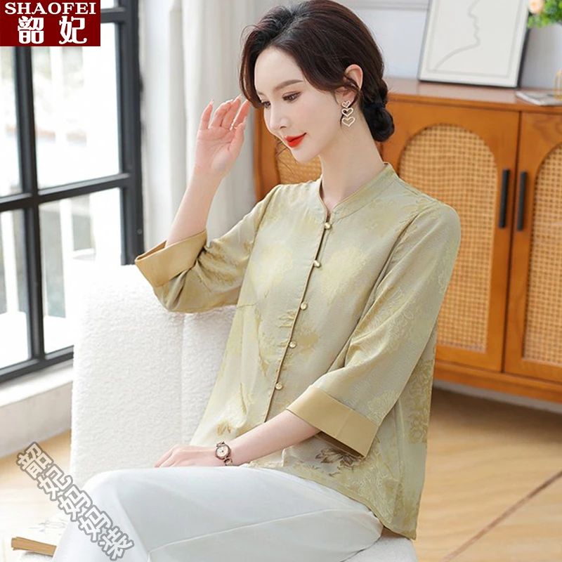 时尚印花中老年女装七分袖衬衫春夏季洋气开衫妈妈装宽松上衣开衫