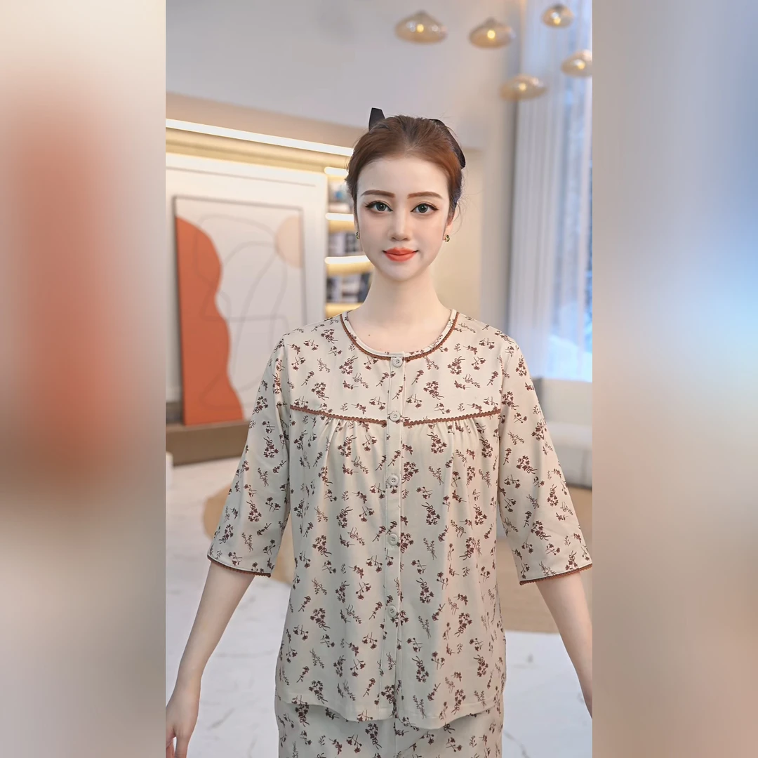 秋鹿温柔小碎花夏季舒适睡衣纯棉七分袖九分裤睡衣夏季女套装