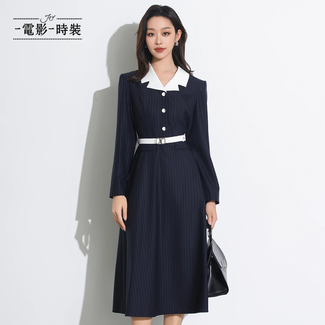 【程钱钱】一电影一时装复古气质条纹翻领长袖连衣裙 FEKL132567