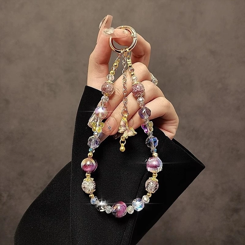 【流光蝶】轻奢风水晶手机挂链挂绳金箔手工串珠蝴蝶吊坠高级感链条