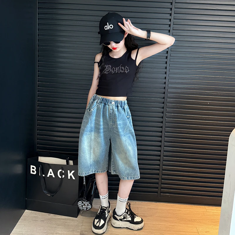 女童夏装套装2025新款女大童简约潮酷黑色背心女孩夏季牛仔五分裤