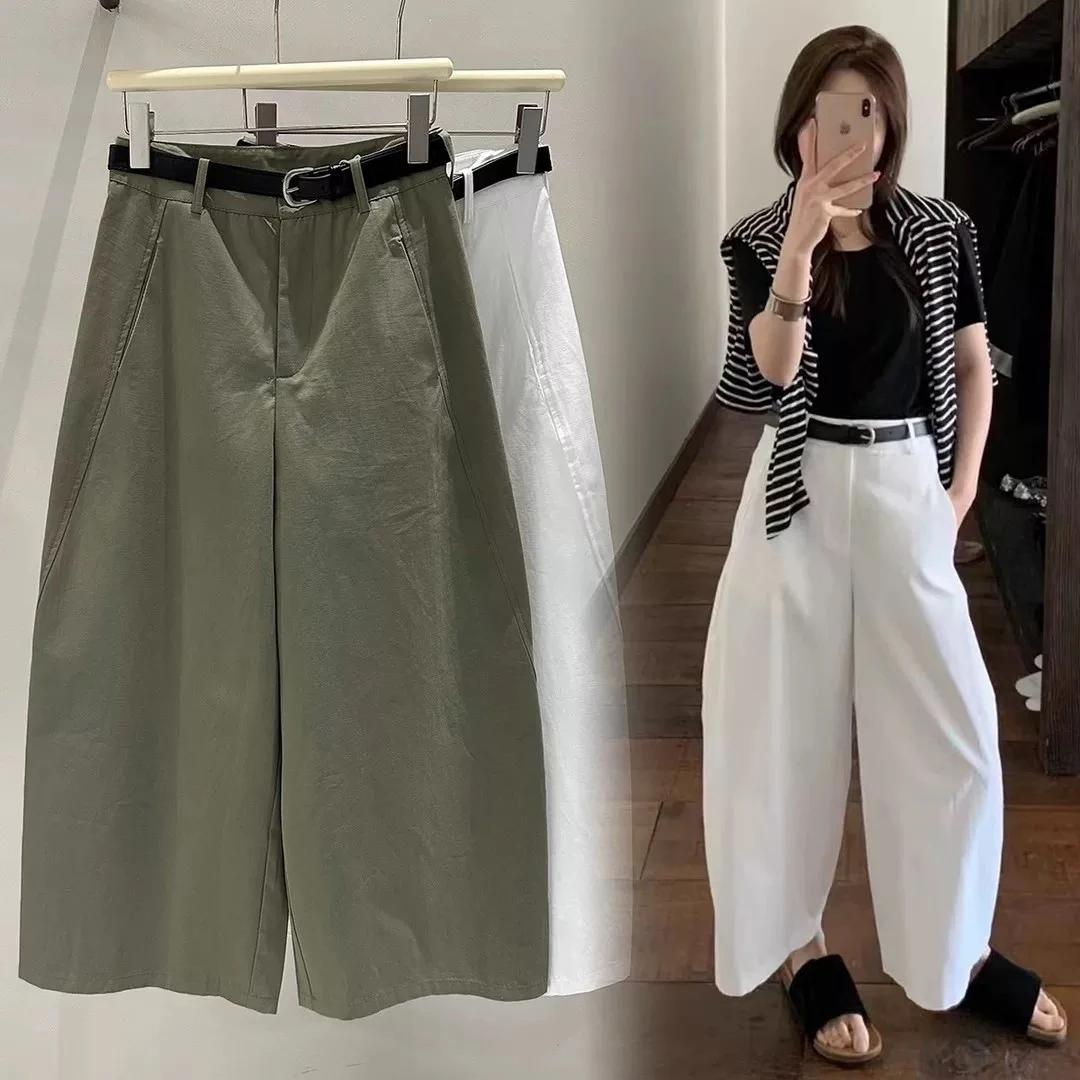 【配皮带100纯棉】早秋韩版洋气九分阔腿弯刀裤女高腰显瘦气球裤子