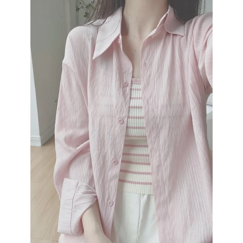 粉色亚麻防晒长袖衬衫女夏装新款宽松慵懒风衬衣休闲薄款外套上衣