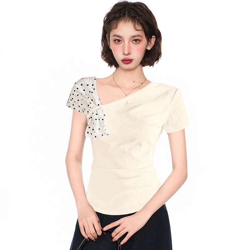 蝴蝶结斜领露肩短袖t恤女夏季2025新款修身短款不规则正肩上衣潮