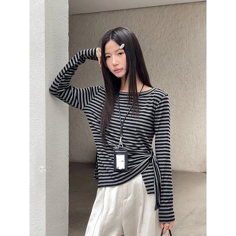 设计感一字肩侧绑带长袖T恤女装秋季新款不规则上衣