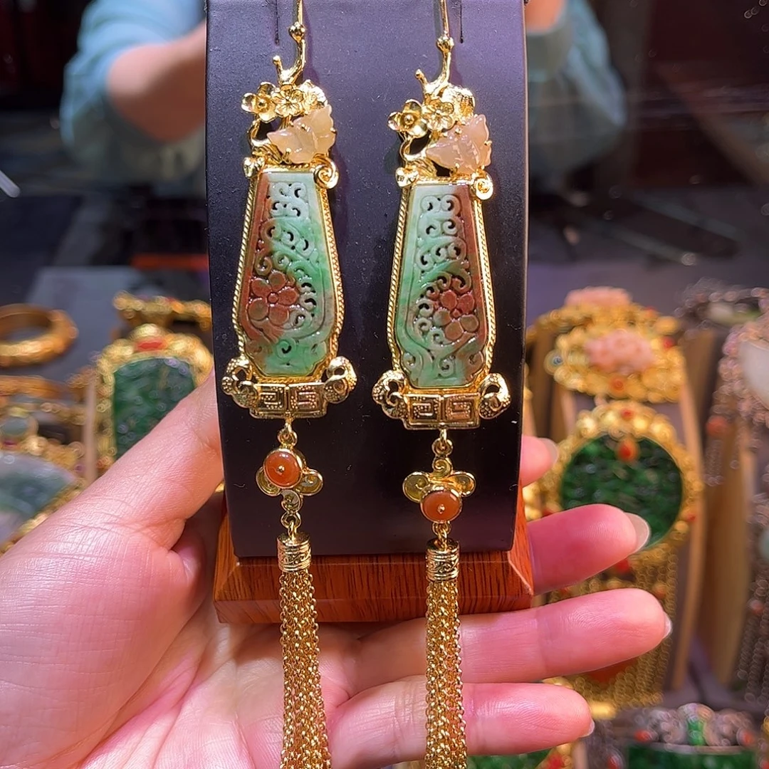 翡翠银S925镀金镶嵌耳坠台湾工