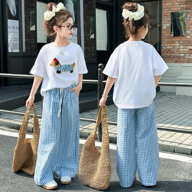 女童夏季套装3-15岁6卡通腊肠狗短袖T恤女大童格子阔腿裤两件套潮