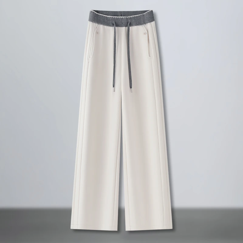 羊毛呢休闲阔腿裤女2025新款秋冬松紧高腰宽松显瘦保暖拖地直筒裤