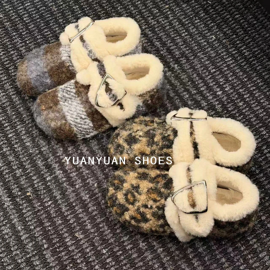 韩版复古港风格子纯色休闲风棉鞋棉靴毛靴秋冬毛毛单鞋