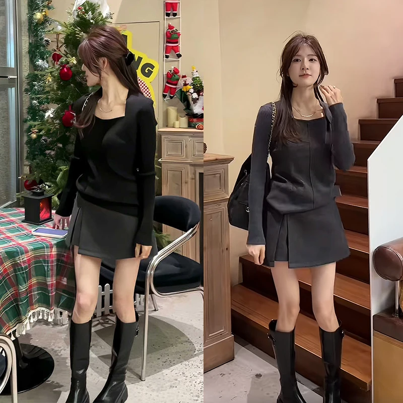 秋冬穿搭一整套女2026新款韩版方领休闲针织衫高腰半身裙两件套