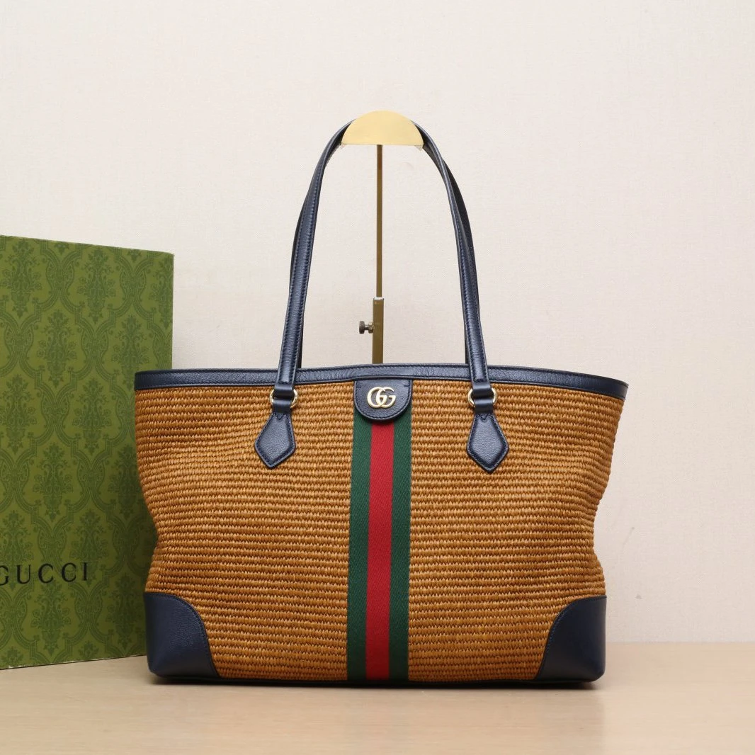 95新 GUCCI/古驰 【娇】Ophidia Tote 中号 拼色 草编 金扣 991903