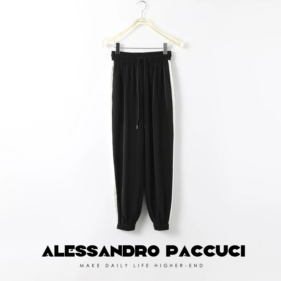 AP洛哥23570X松紧系带腰拼色装饰时尚百搭利落束脚休闲长裤