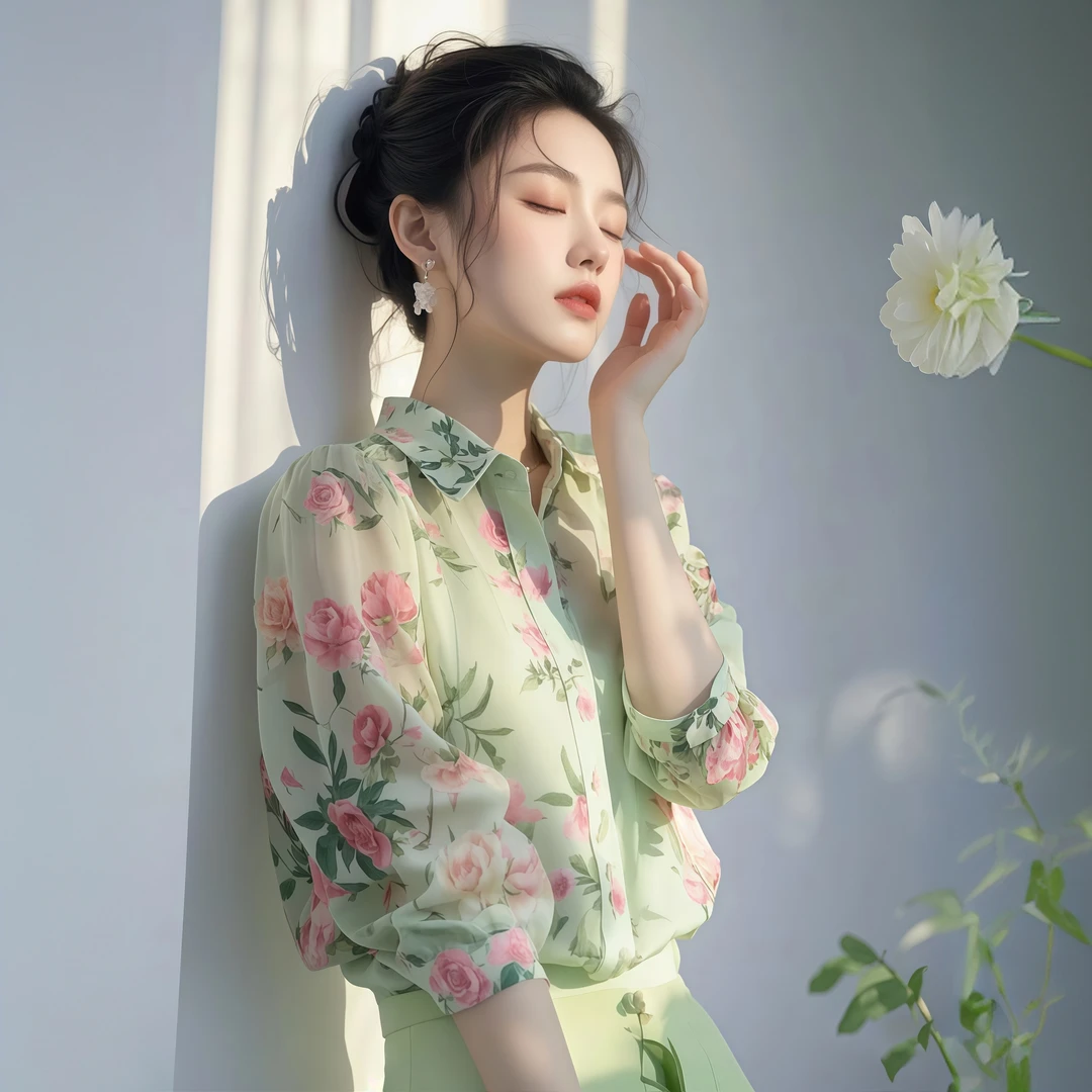 绿色碎花长袖衬衫2025夏装新款法式气质轻奢减龄洋气小众百搭上衣