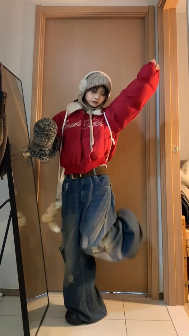 秋冬美式辣妹宽松复古羊羔毛拼接翻领棉服外套小个子棉袄面包服女