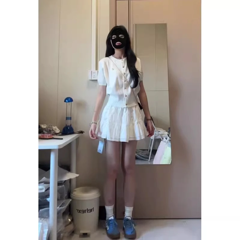 法式气质小香风针织开衫上衣女夏季新款高腰百搭a字蓬蓬短裙套装