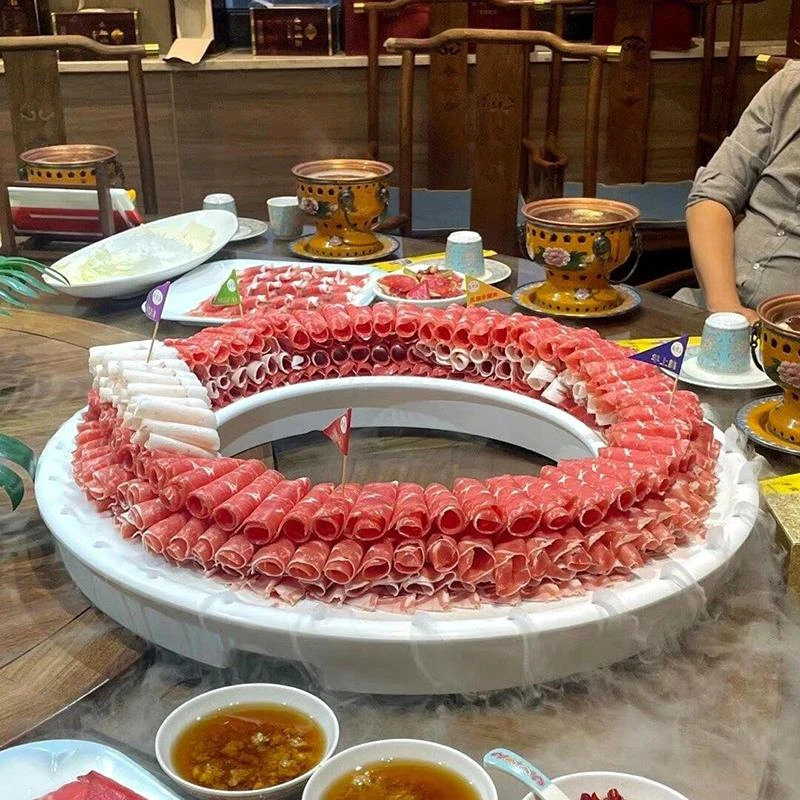 网红火锅店密胺餐具创意羊围脖圆盘烤肉盘涮肉盘羊肉肥牛卷大拼盘