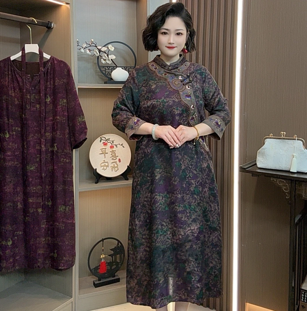 【孤品】2025新款高端时尚重磅素雅新中式风格印花遮肉显瘦连衣裙