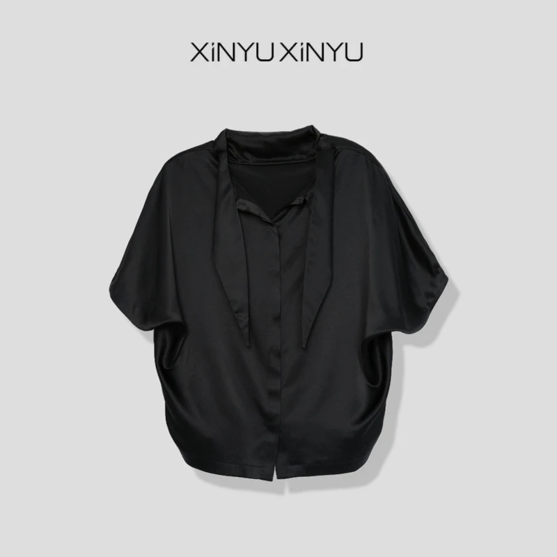 XINYU/芯与100桑蚕丝低调奢华感茧形短袖衬衫 203188 法式小衫