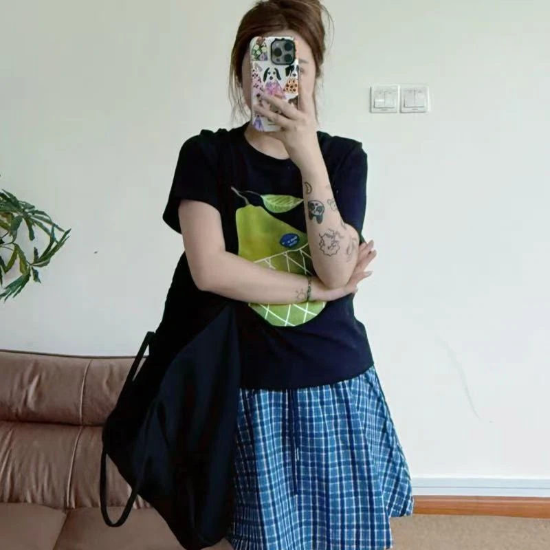 FRVXO鸭梨印花圆领无泡珠短袖T恤上衣木耳边格纹蓬蓬裙两件套装女