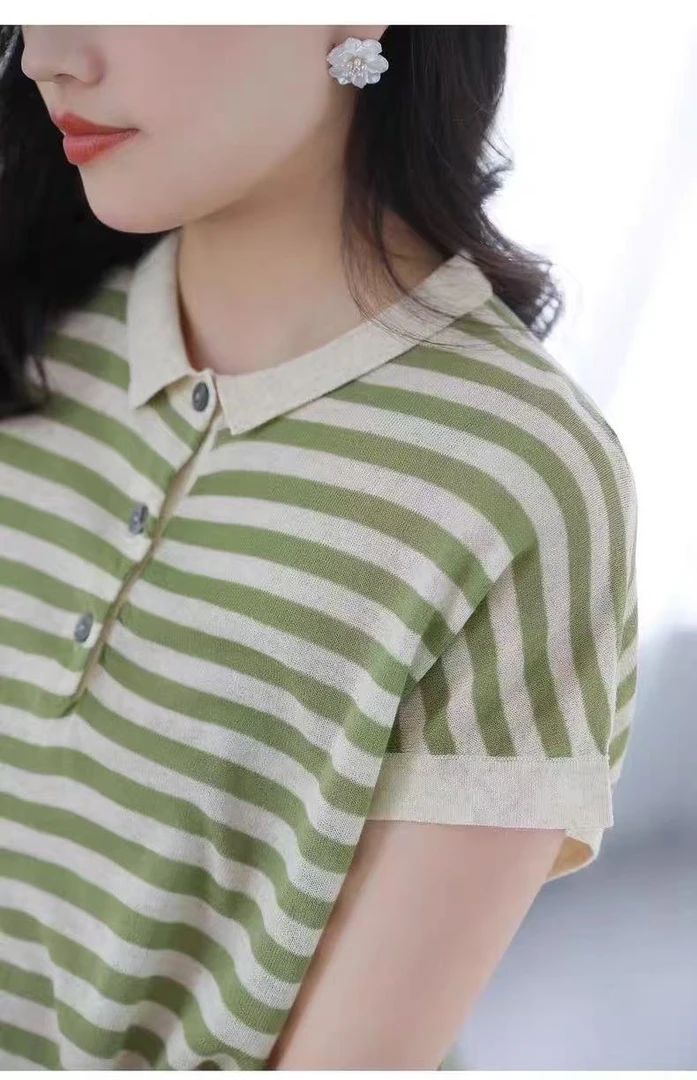 【自带凉意】95%汉麻短袖撞色条纹针织衫衬衫领文艺复古上衣夏