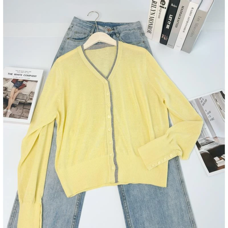 玲姐定制-V领拼接撞色假两件薄款后背三角标针织衫38527